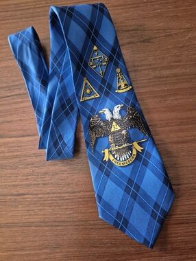 Silk Freemasons Blue Plaid Men's Tie with Emblem